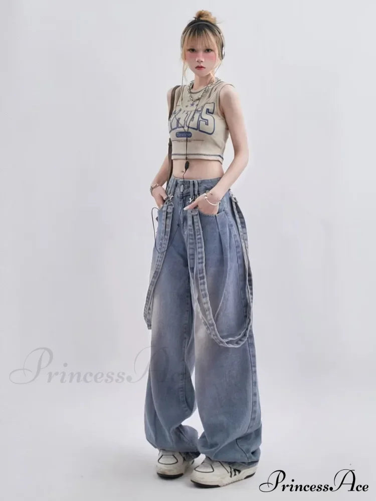 Retro Niche Ribbon Design Washable And Distressed Wide Leg High Waisted Autumn Women’s Jean