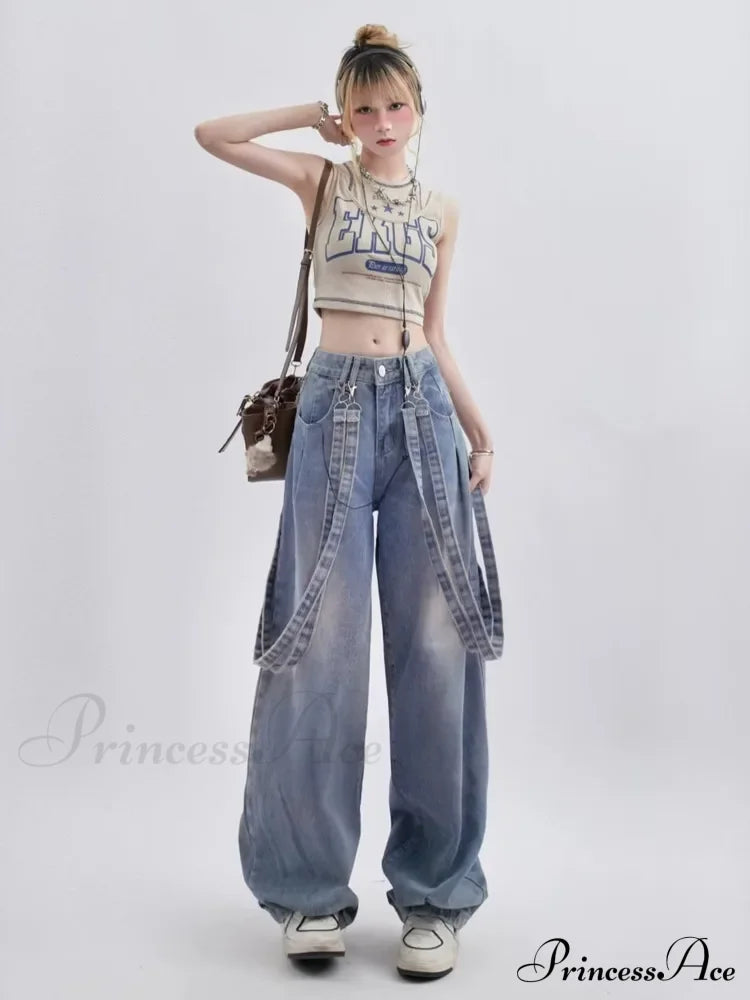 Retro Niche Ribbon Design Washable And Distressed Wide Leg High Waisted Autumn Women’s Jean