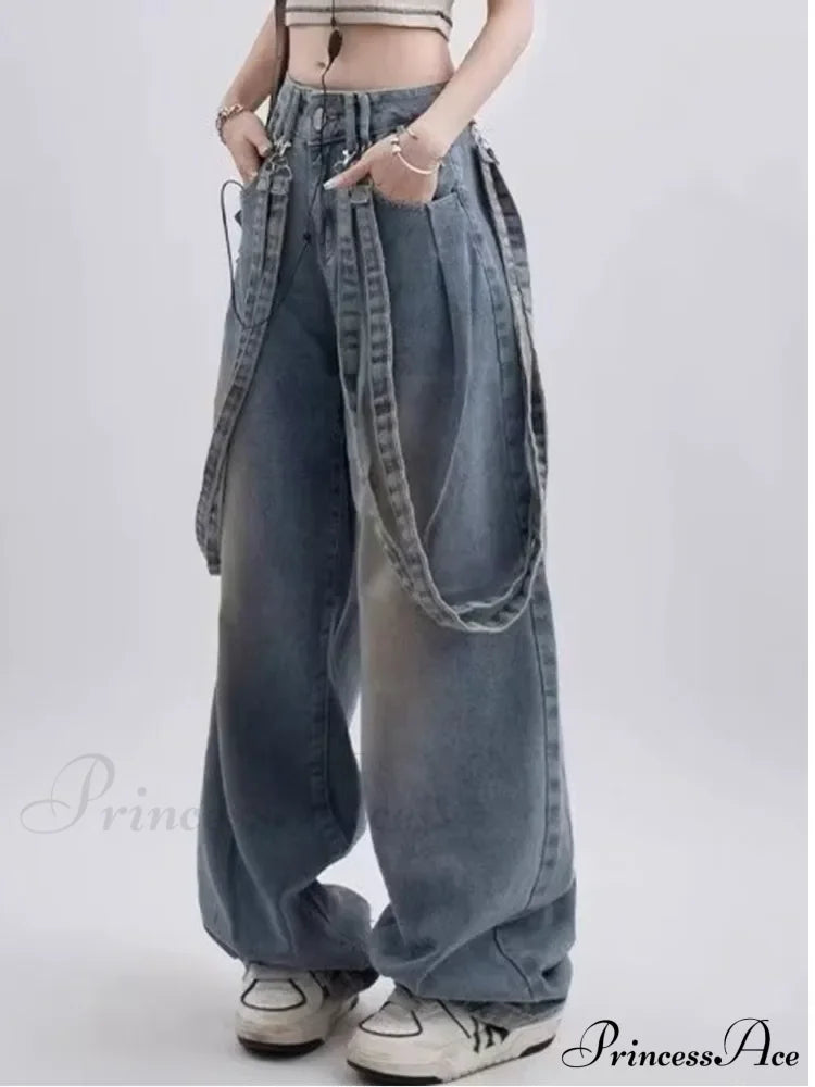 Retro Niche Ribbon Design Washable And Distressed Wide Leg High Waisted Autumn Women’s Jean