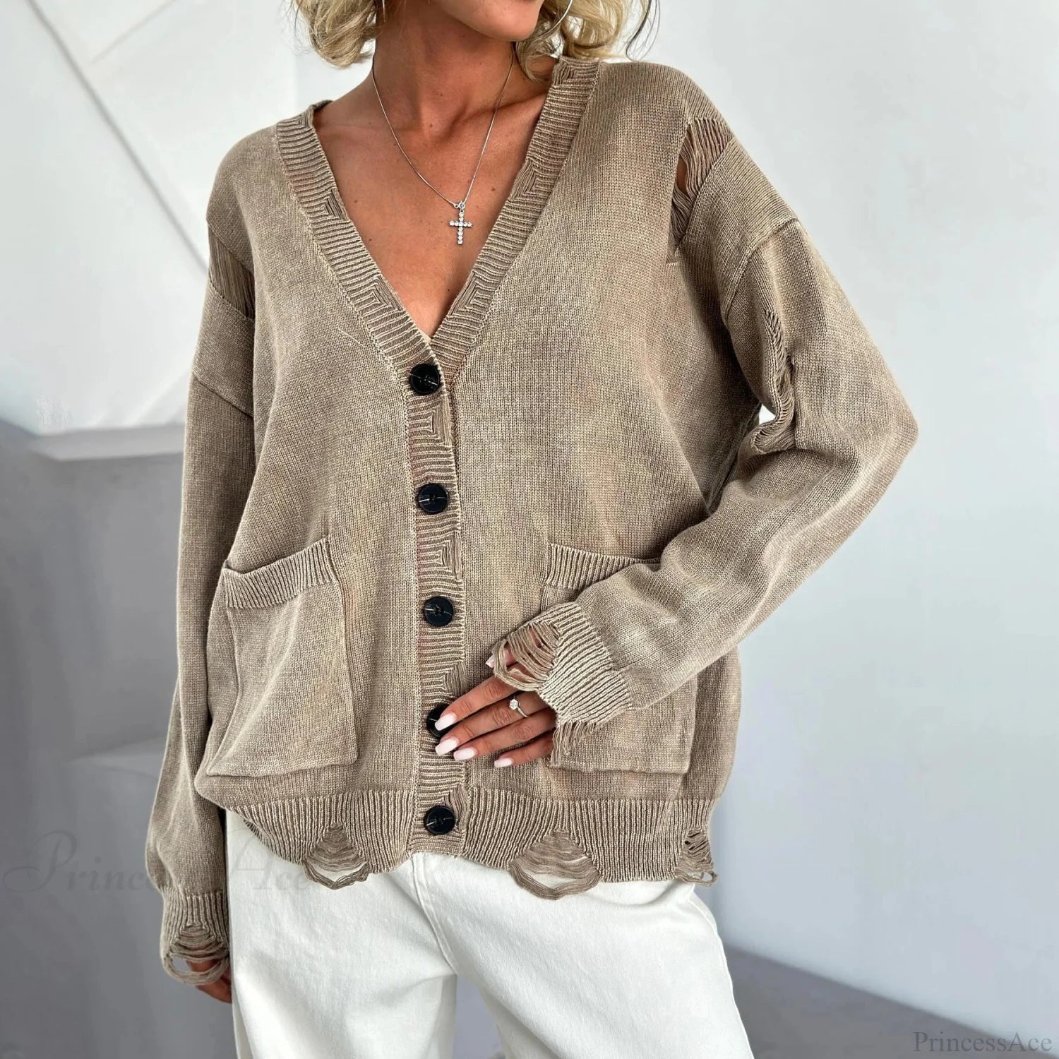 Retro Oversized Soft Button Knitted Cardigan Khaki / S cardiagn-250126