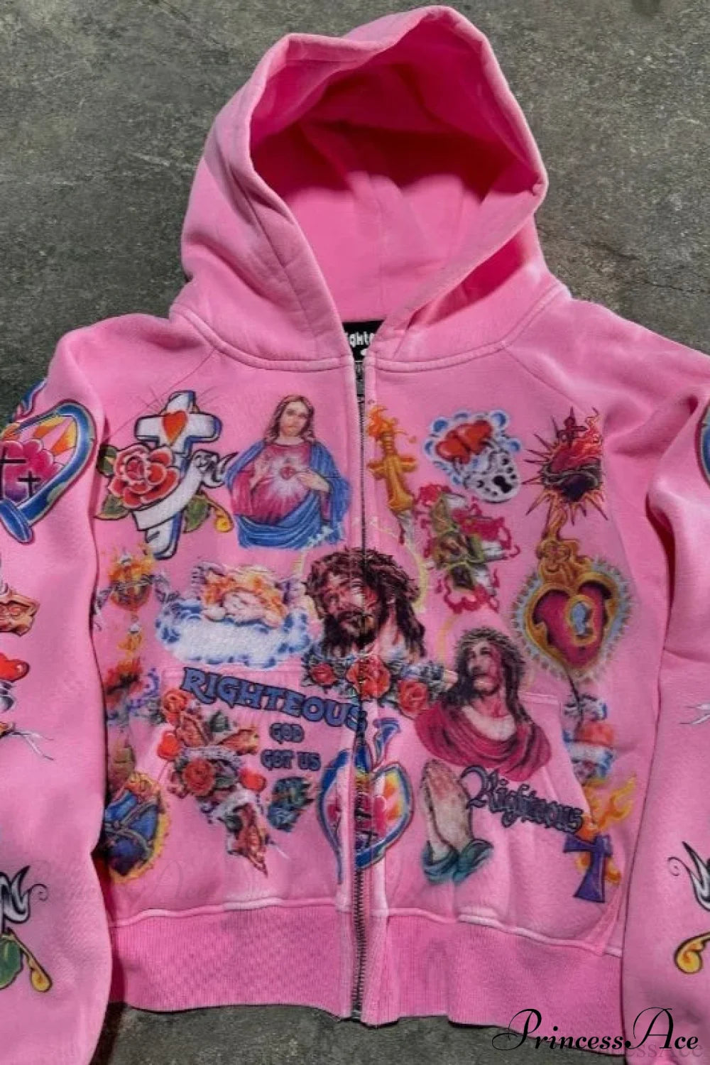 Retro Pattern Printed Loose Hoodie Pink / S