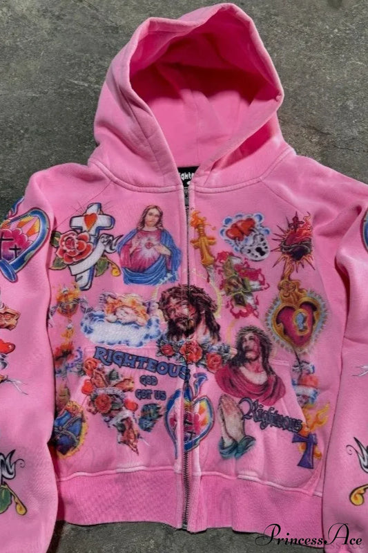 Retro Pattern Printed Loose Hoodie Pink / S