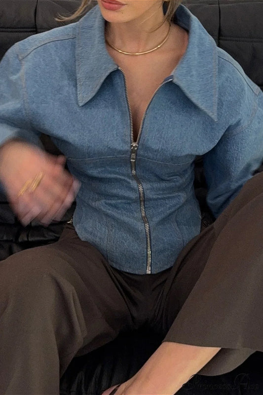 Retro Polo Collar Denim Zip Blouse