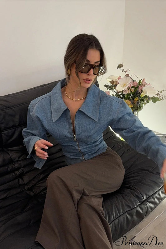 Retro Polo Collar Denim Zip Blouse Blue / S