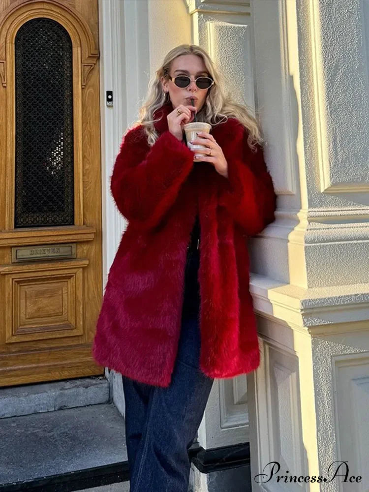 Retro Red Faux Fur Coat Coats-241208