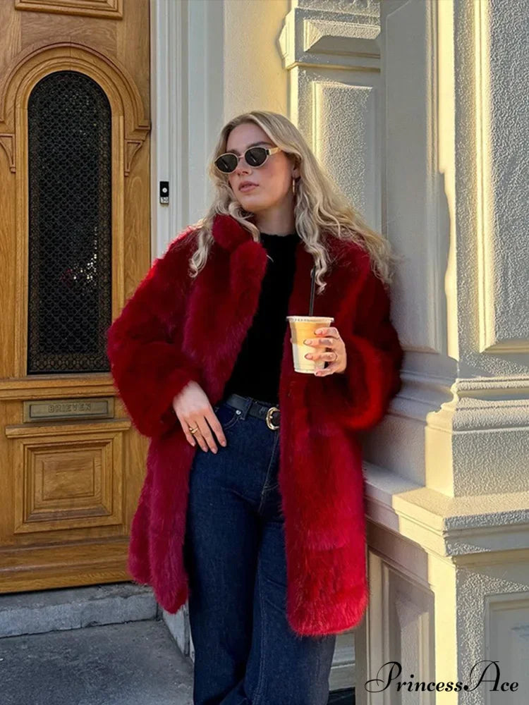 Retro Red Faux Fur Coat / S Coats-241208