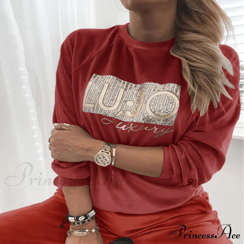 Retro Round Neck Velvet Letter Print Sequin Sweatshirt