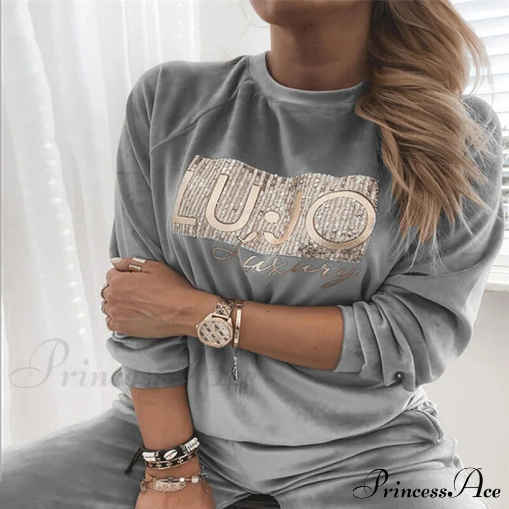 Retro Round Neck Velvet Letter Print Sequin Sweatshirt Gray / S