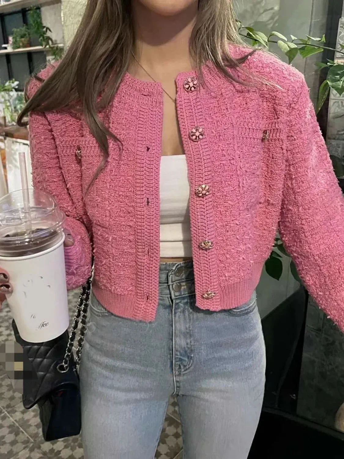 Retro Single Breasted O-Neck Knit Cardigan Pink / One Size cardiagn-250126