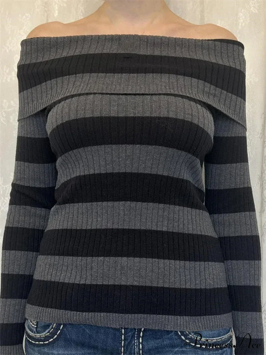 Retro Slash Neck Off Shoulder Ribbedlong Sleeve T-Shirts Black / S