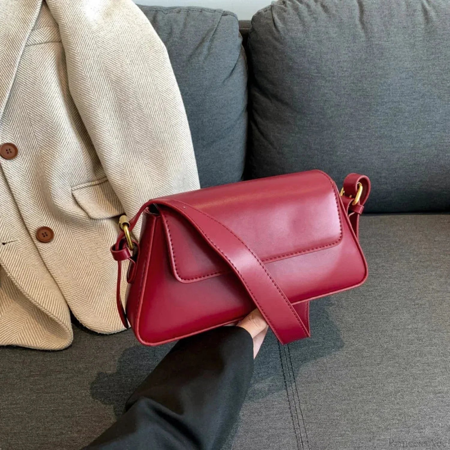 Retro Solid PU Leather Winter Shoulder Bag Red shoulder-250126