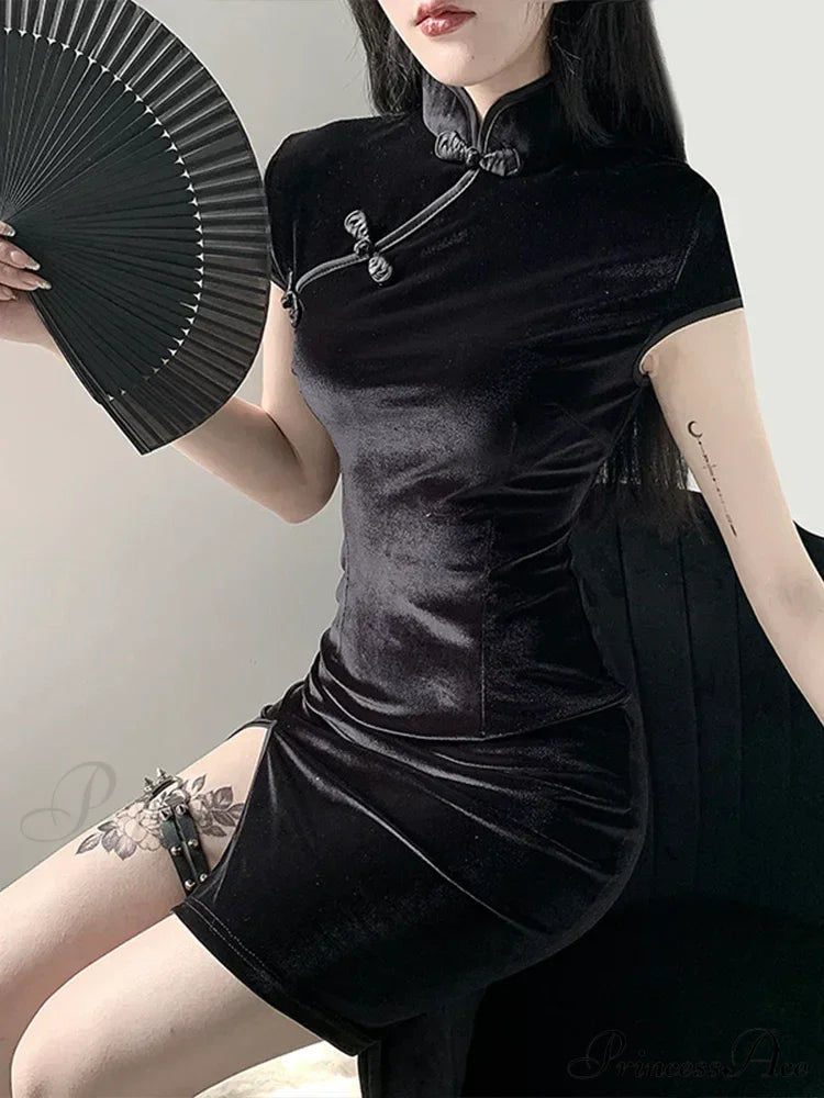 Retro Split Button Bodycon Cheongsam Mini Elegant Gothic Velvet Solid Black Red Pink Dress Halloween