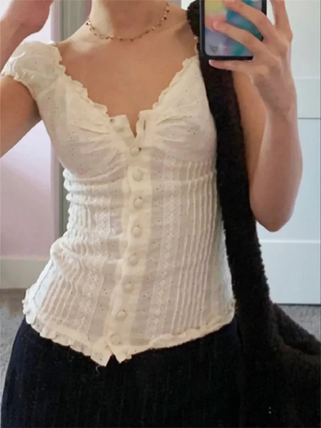 Retro Square Neck Button Down Short Sleeve Blouse blouse-250126