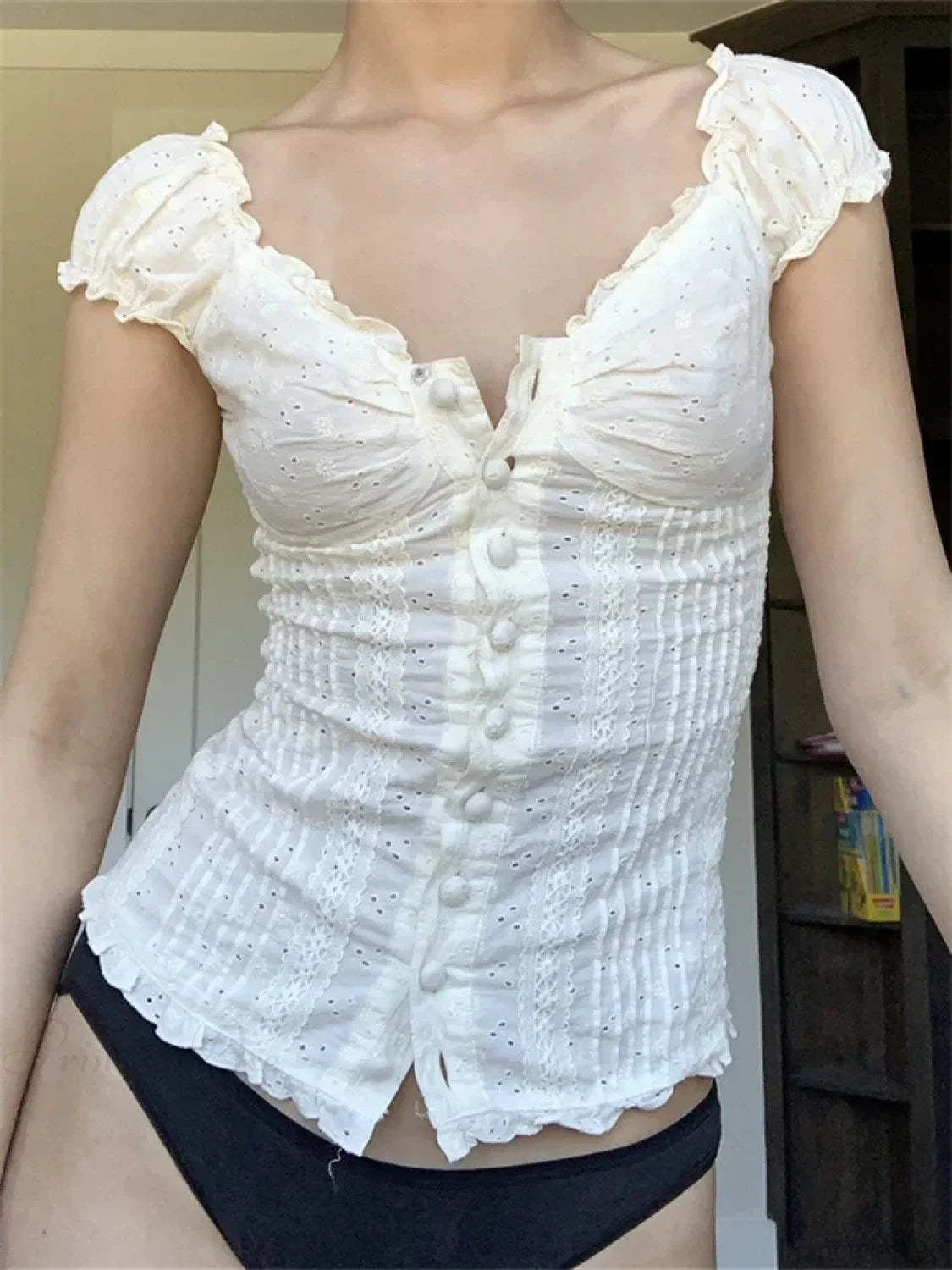 Retro Square Neck Button Down Short Sleeve Blouse blouse-250126