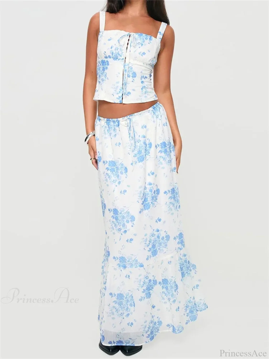 Retro Square Neck Button Up Tank Top Flower Print Long Skirt skirt-250126