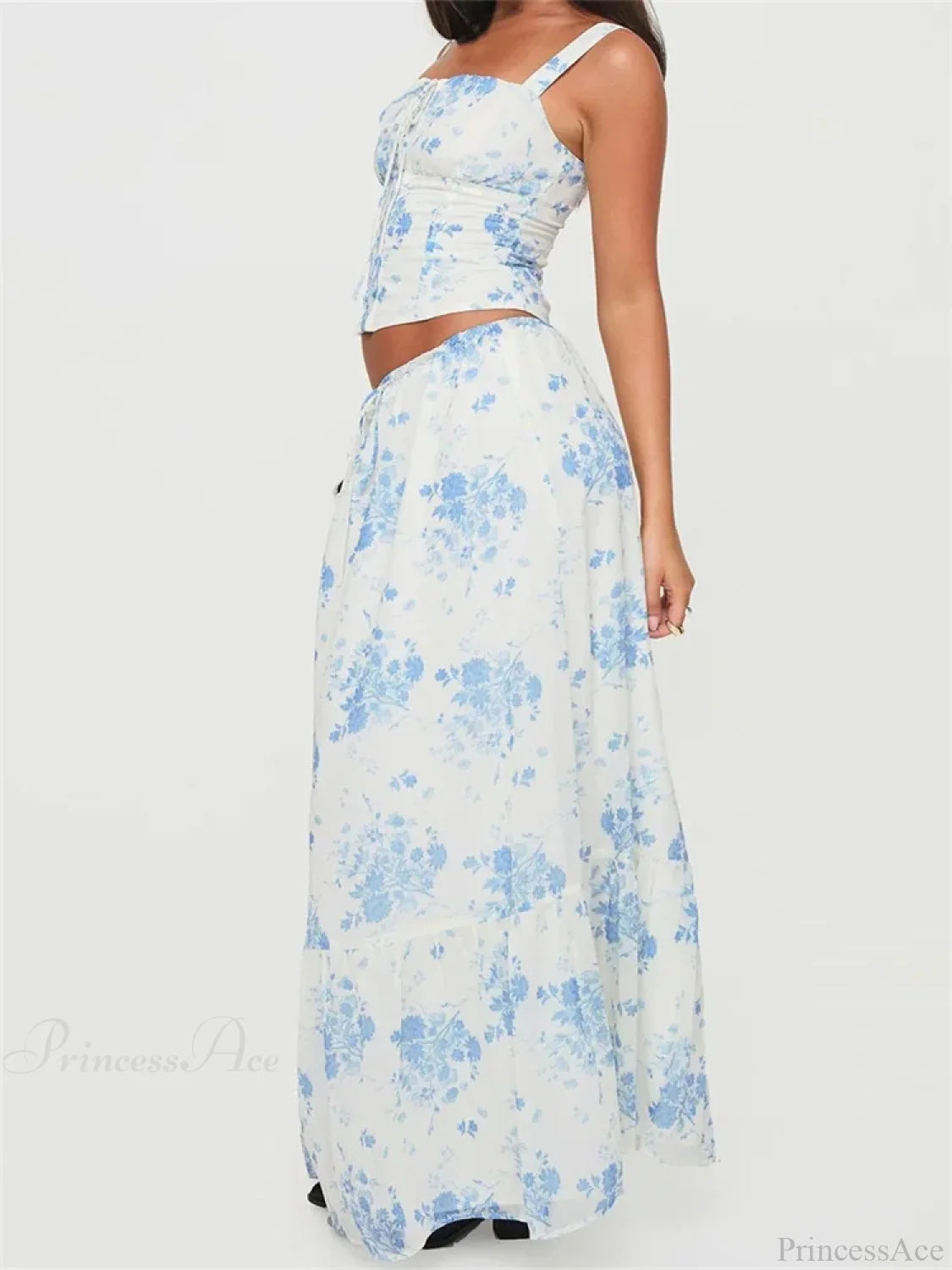 Retro Square Neck Button Up Tank Top Flower Print Long Skirt skirt-250126