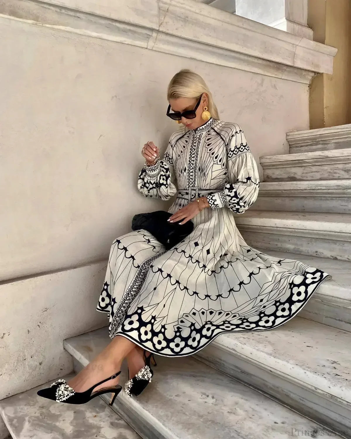 Retro Stand Collar Belted Boho Dress bohodress-250126