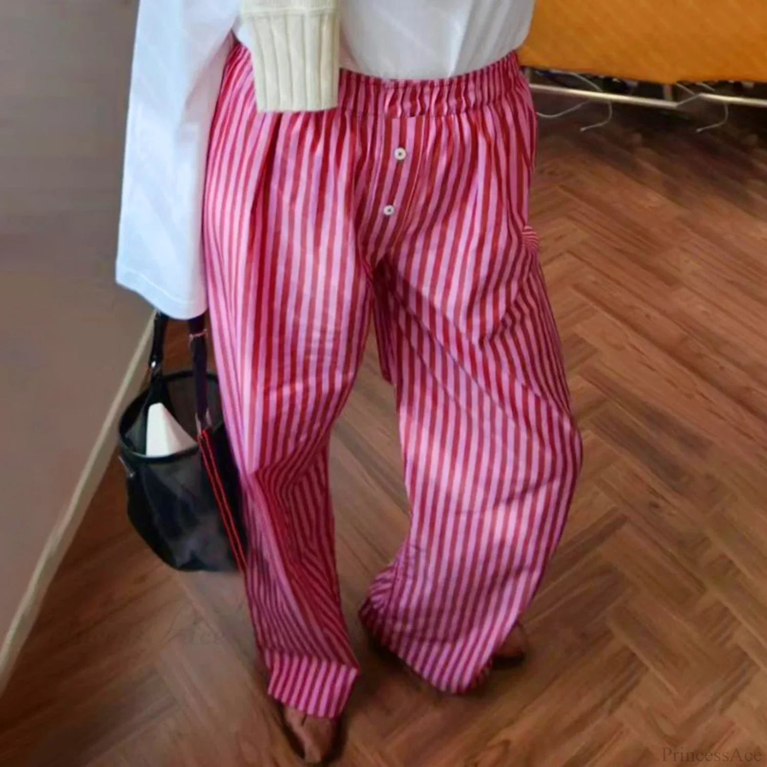 Retro Striped Button High Waist Straight Pant DARKPINK / S pant-250223