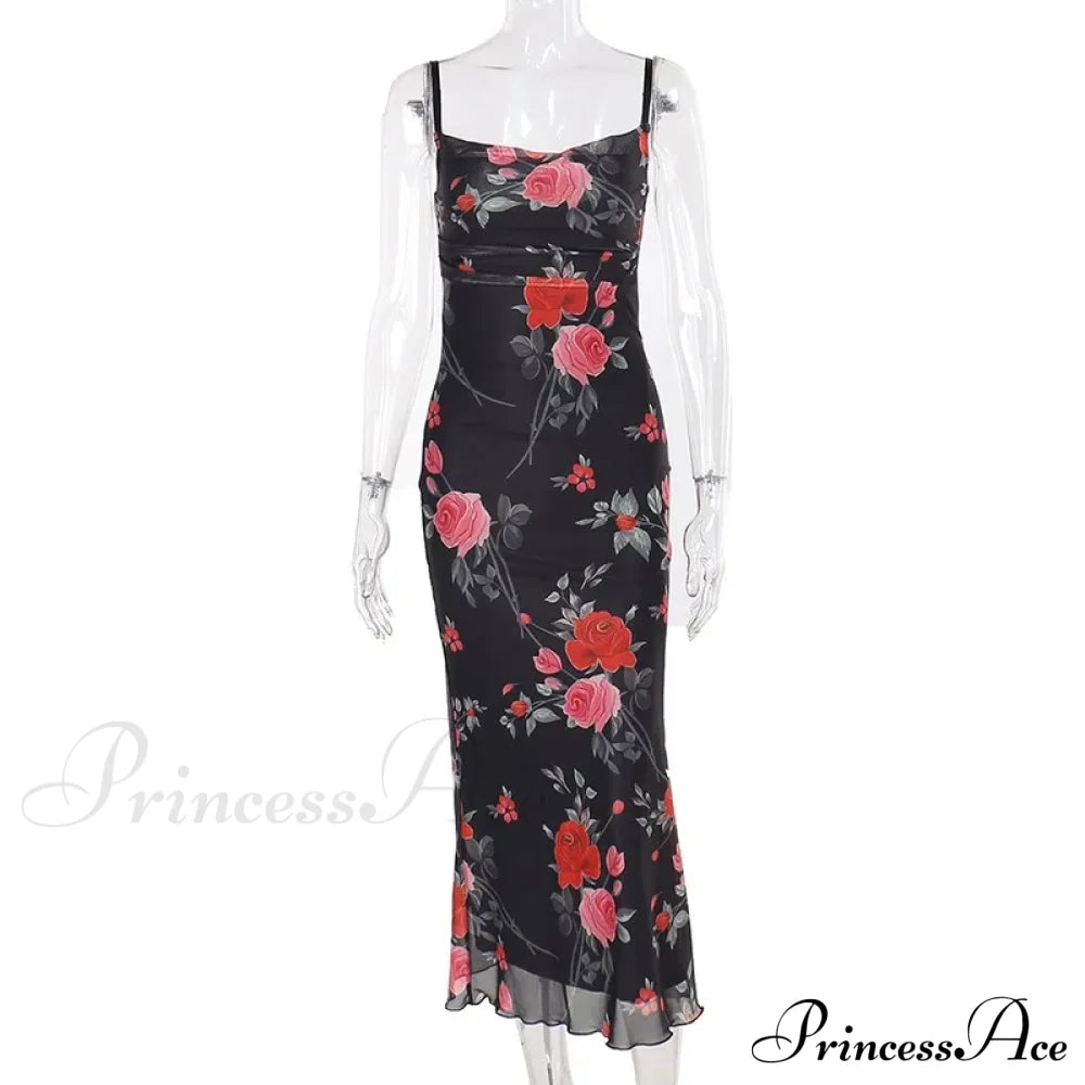 Retro Summer Slimsleeveless Backless Long Es Female Party Temperament Woman Floral Dress