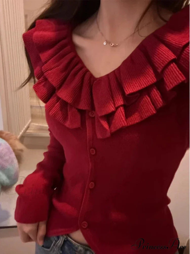 Retro U-Neck Ruffles Knitted Slim Fit Long Sleeve Cardigan Christmas Sweater Red / S Sweaters-L