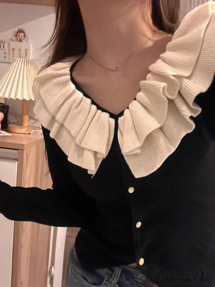 Retro U-Neck Ruffles Knitted Slim Fit Long Sleeve Cardigan Christmas Sweater Sweaters-L