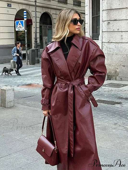 Retro Wine Red Double Breasted Coat Coats-241208