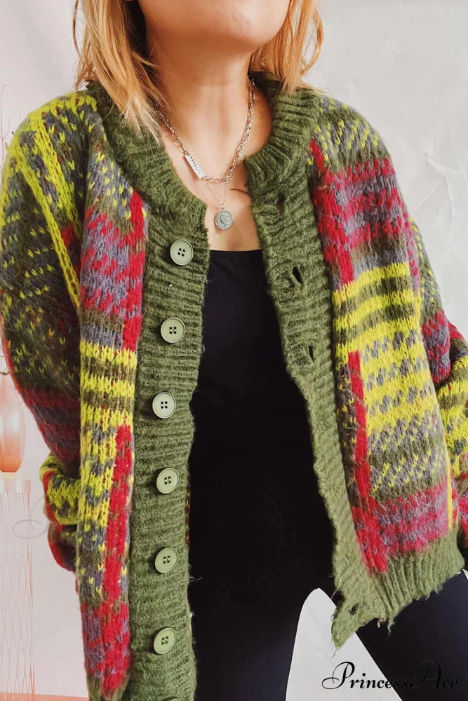 Retro With Striped Cardigan Contrast Green / M Cardigans