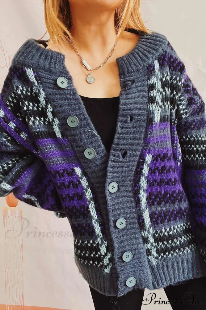 Retro With Striped Cardigan Contrast Purple / L Cardigans