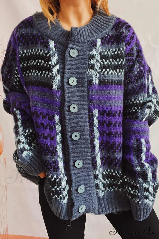 Retro With Striped Cardigan Contrast Purple / M Cardigans