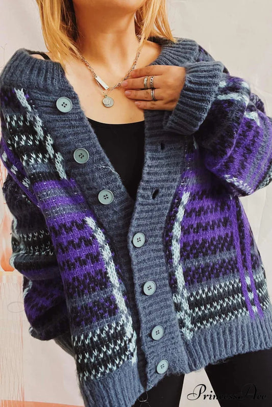 Retro With Striped Cardigan Contrast Purple / S Cardigans