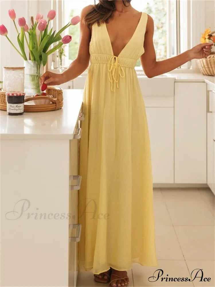 Retro Women Evening Party Solid Color Sleeveless Deep V-Neck Front Tie-Up Formal Female Vestido