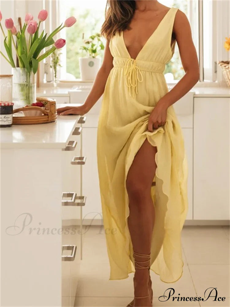 Retro Women Evening Party Solid Color Sleeveless Deep V-Neck Front Tie-Up Formal Female Vestido