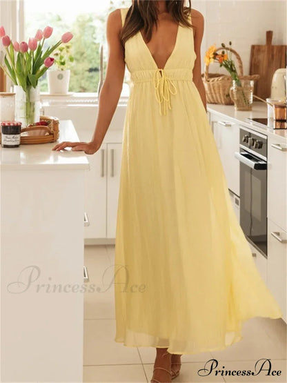 Retro Women Evening Party Solid Color Sleeveless Deep V-Neck Front Tie-Up Formal Female Vestido