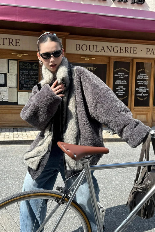 Reversible Patchwork Color Block Fleece Coat Black / One Size