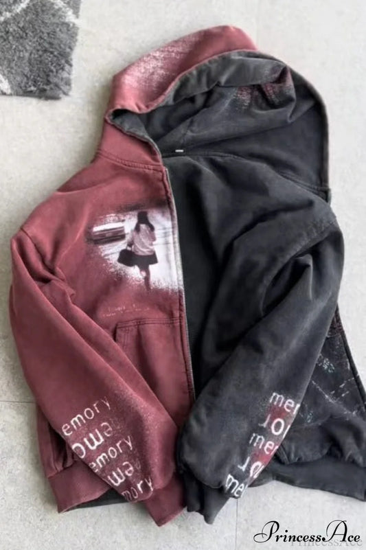 Reversible Retro Printed Patchwork Zip Hoodie Black / S