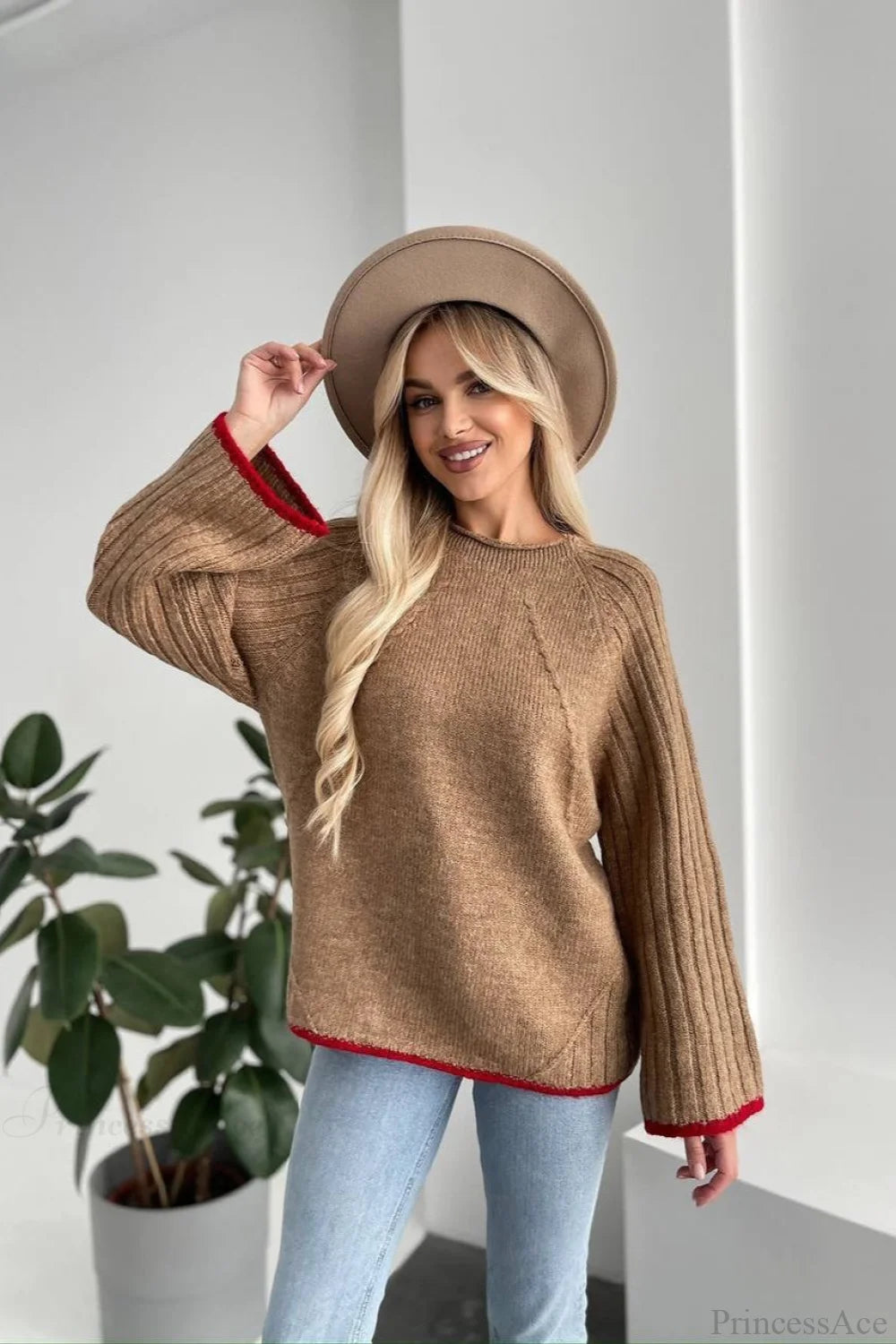 rewneck Ribbed Base Bell Sleeve Loose Sweater