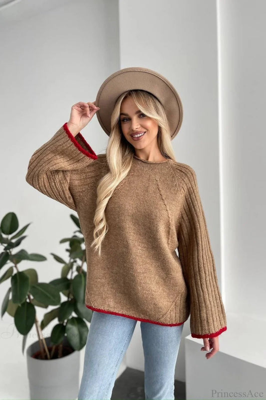 rewneck Ribbed Base Bell Sleeve Loose Sweater