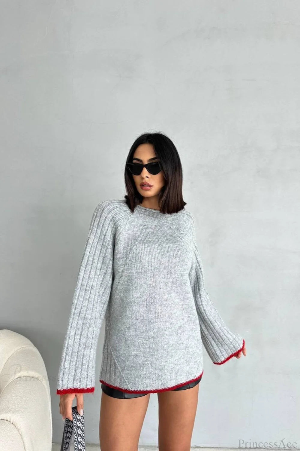 rewneck Ribbed Base Bell Sleeve Loose Sweater Grey / S