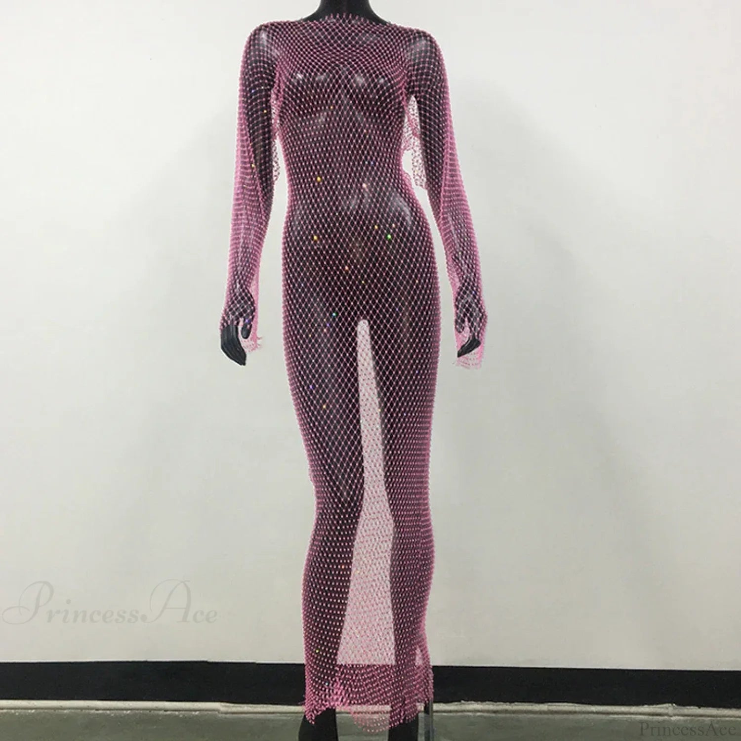 Rhinestone Fishnet Long Sleeve Party Dress Pink Normal / One Size Partydress-241208