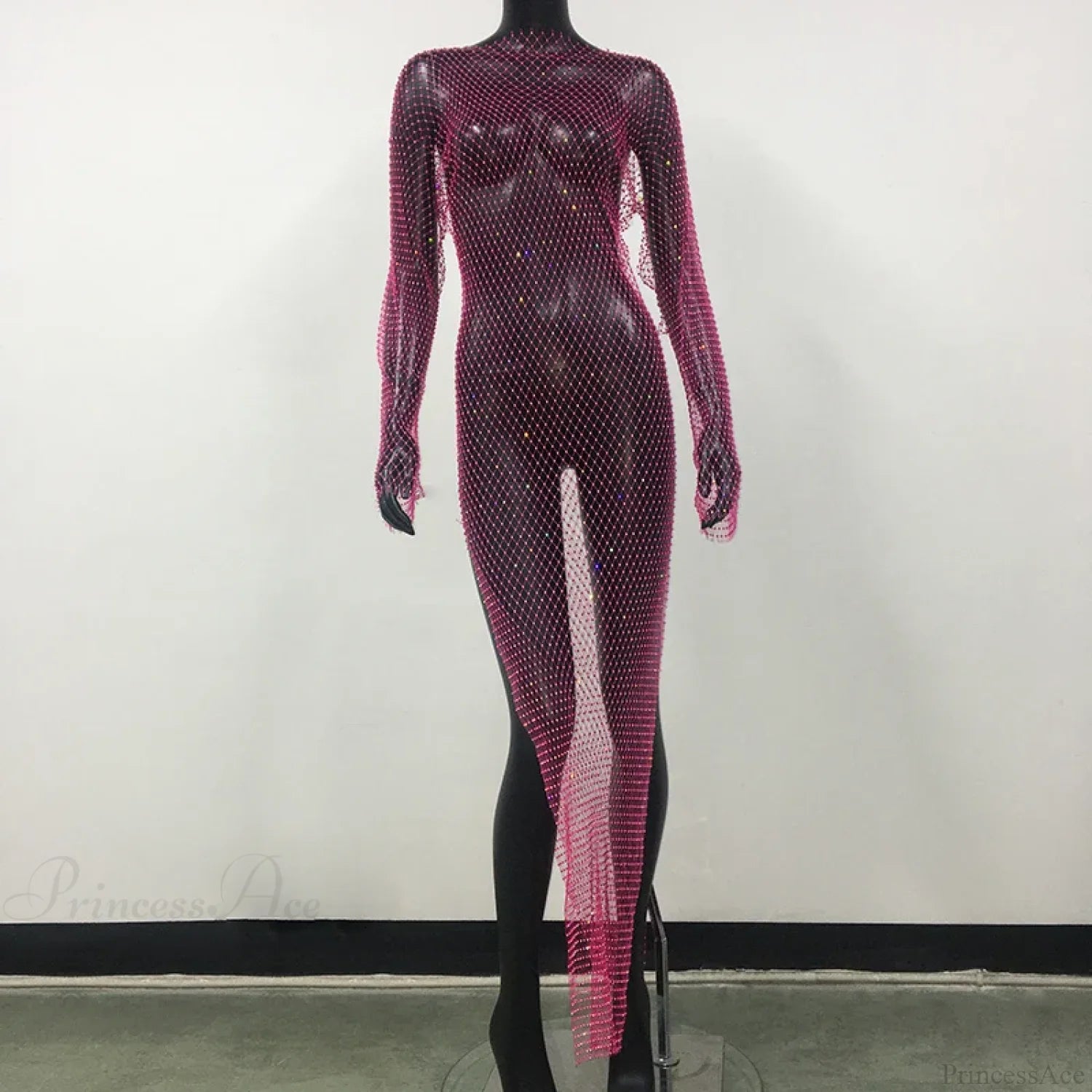 Rhinestone Fishnet Long Sleeve Party Dress Rose Red Split / One Size Partydress-241208