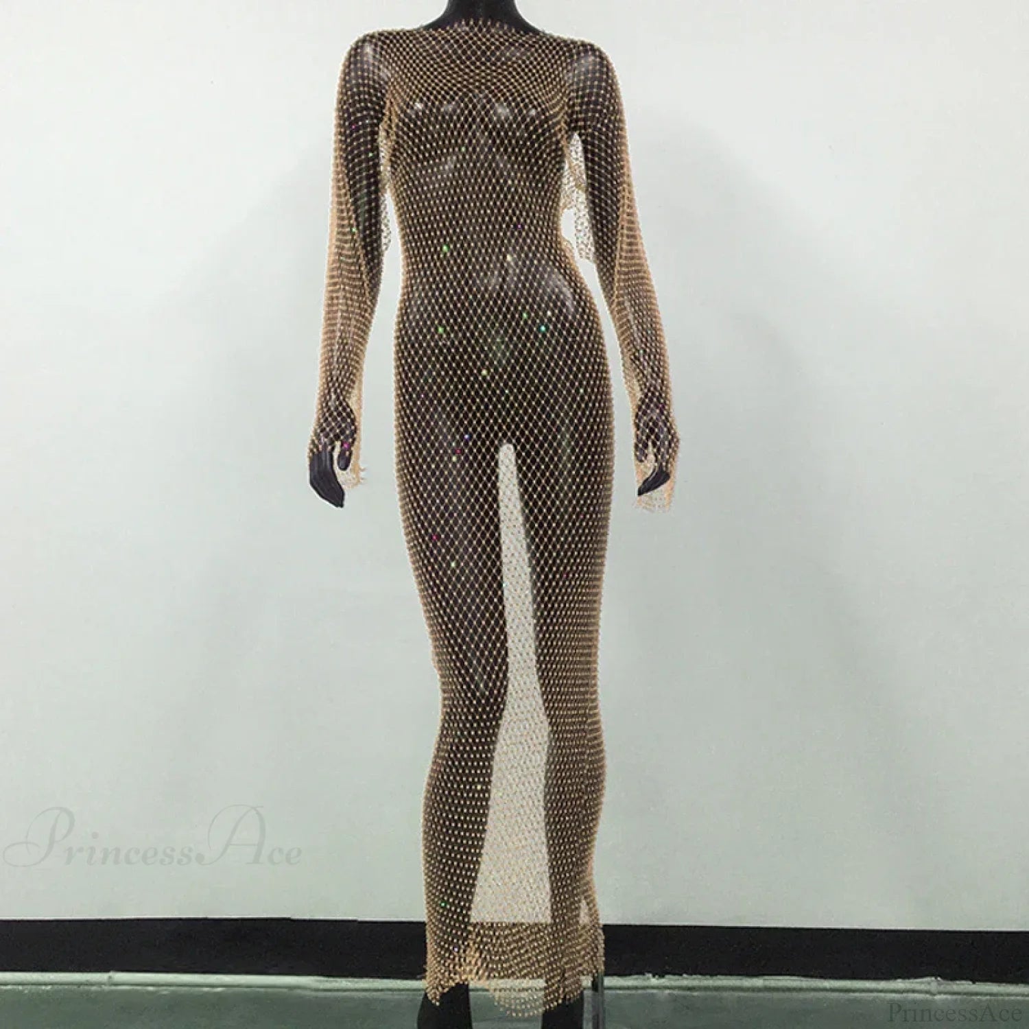 Rhinestone Fishnet Long Sleeve Party Dress Skin Color Normal / One Size Partydress-241208