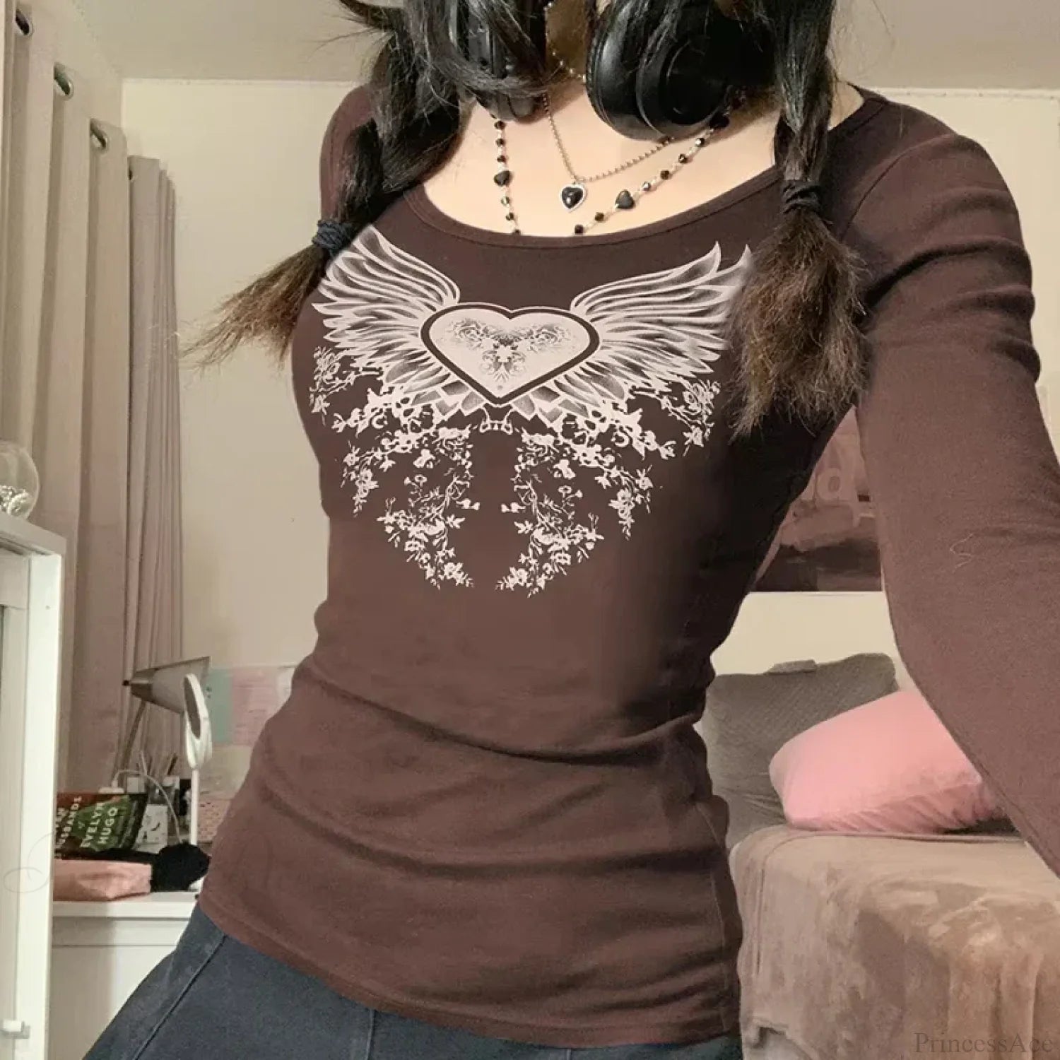 Rhinestone Graphic Knit Top brown / S