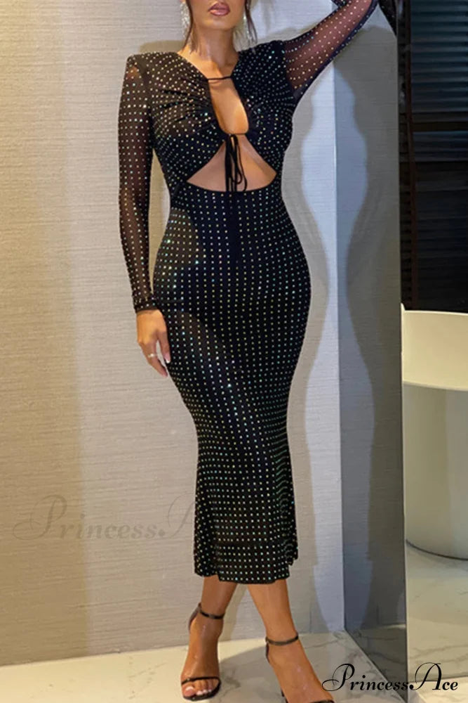 Rhinestone Mesh Cutout Dress Black / S Midi Dresses