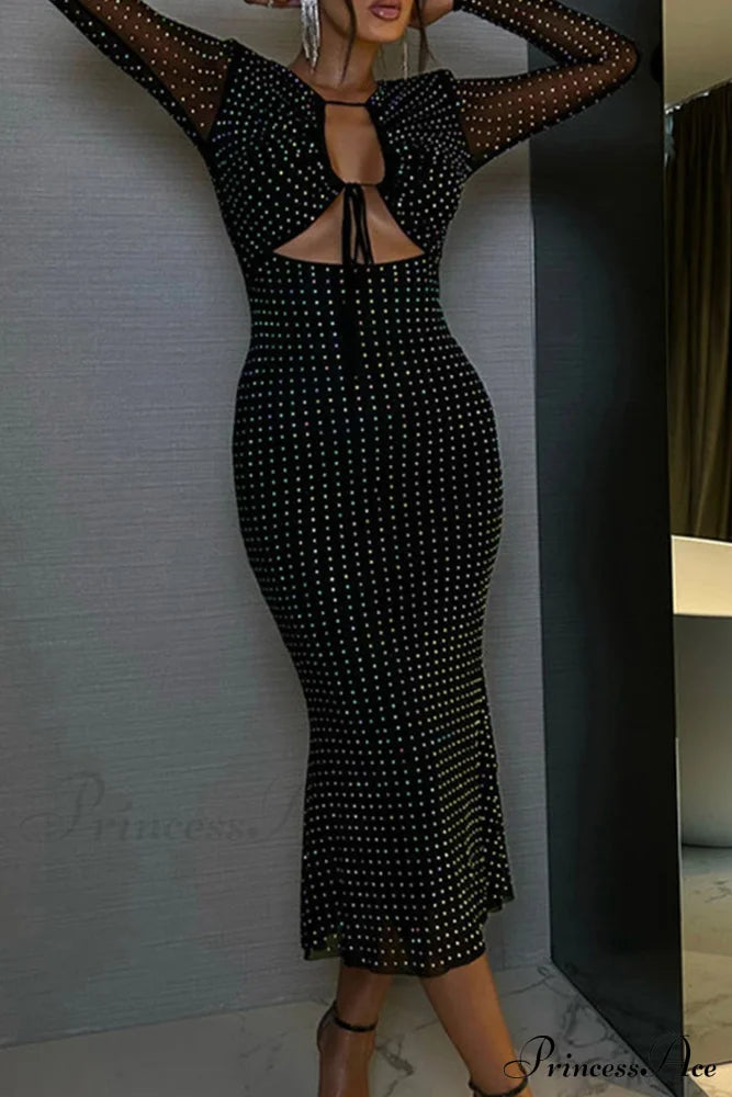 Rhinestone Mesh Cutout Dress Black / Xl Midi Dresses