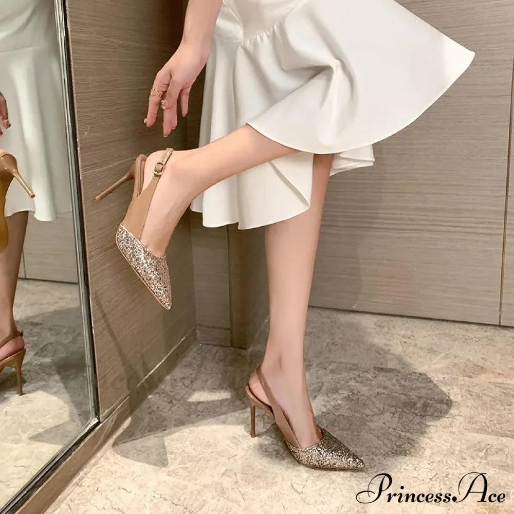 Rhinestone Pointed Slippers One-Line Buckle Sequin Designer Elegant Pumps High Heel Nude 10Cm / 34