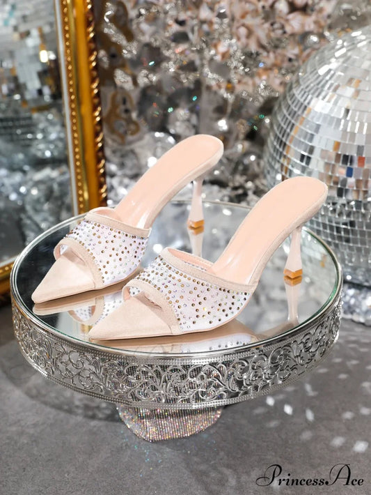 Rhinestone Slippersfashion Stiletto High Heels Pointed Open Toe Slides Party Sandals Heel Beige / 35