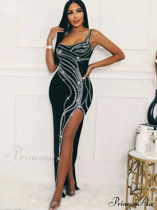 Rhinestone Slit Maxi Party Dress Black / S Partydress-241208