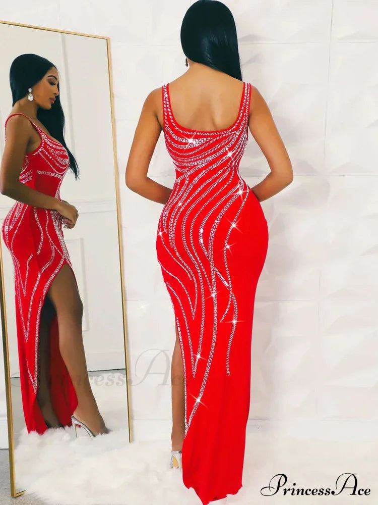 Rhinestone Slit Maxi Party Dress Partydress-241208