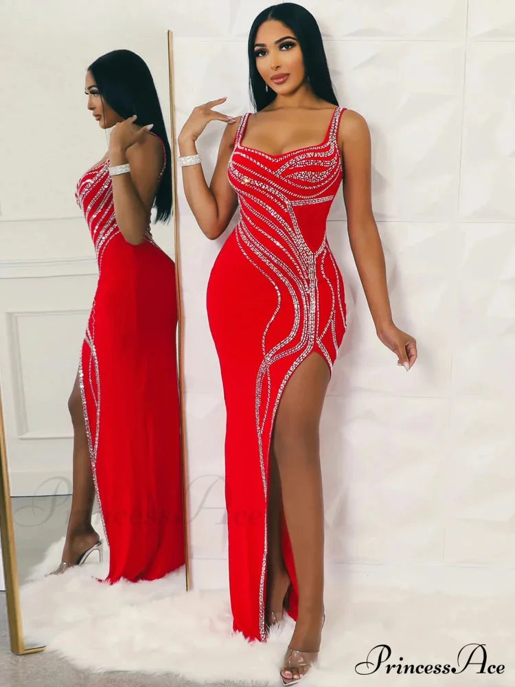 Rhinestone Slit Maxi Party Dress Red / S Partydress-241208