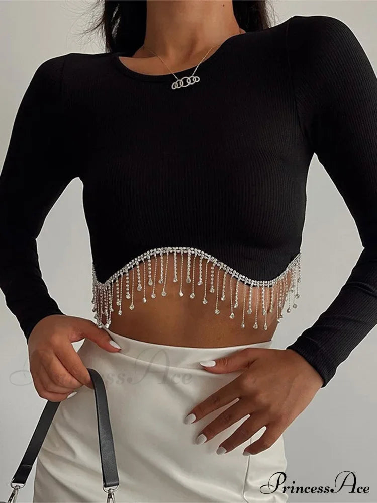 Rhinestone Tassel Crewneck Elegant Long Sleeve T-Shirt Crop Top